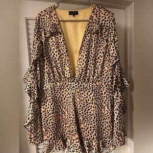 MAJORELLE Beige and Black Animal Print Ruffle V-Neck Romper
